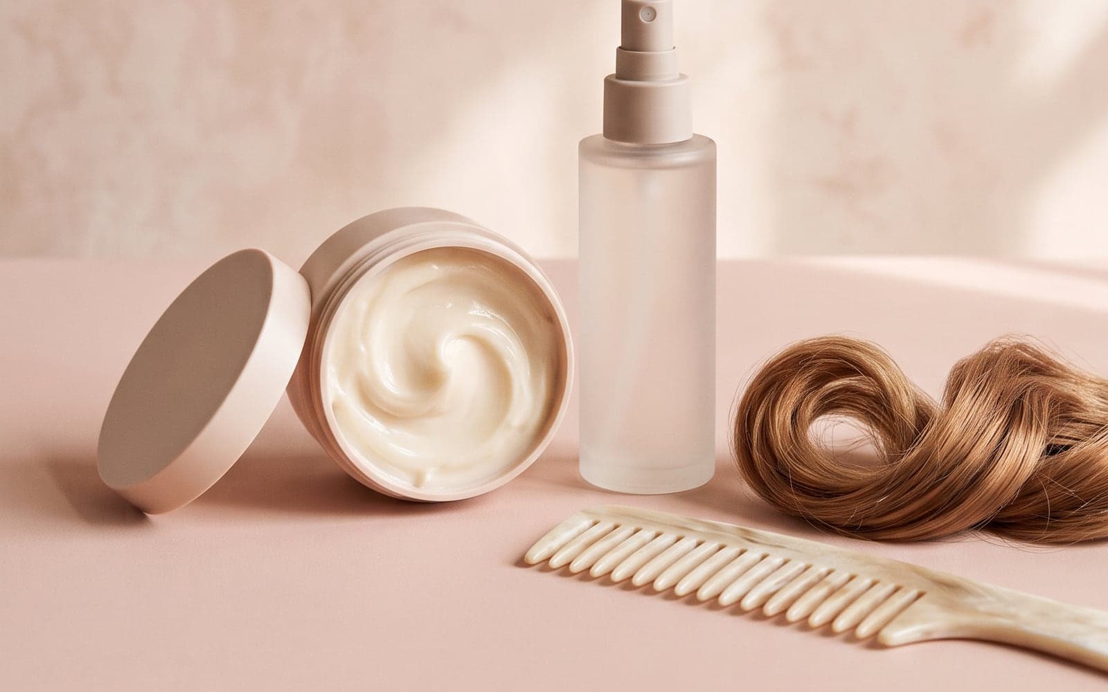 Unbranded leave-in conditioner bottles and a jar of cream on a stone shelf