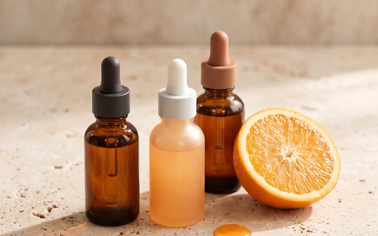 Unbranded vitamin C serum bottles on a pale peach surface